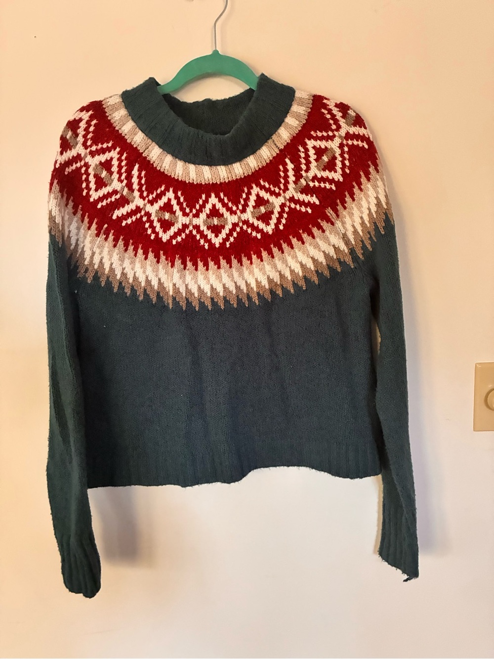 American Eagle Outfitters Green Turtleneck Sweater with Red Fair Isle Yoke